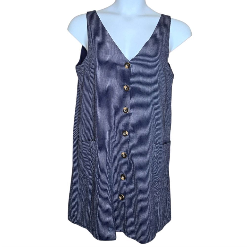 MIA & TESS navy‎ blue micro stripe button front sleeveless pinafore dress M
